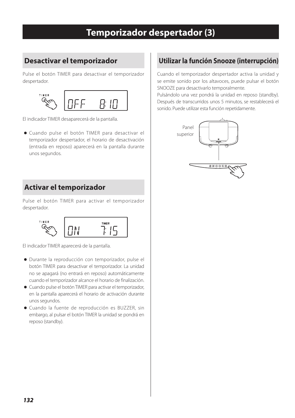 Temporizador despertador (3), Desactivar el temporizador, Activar el temporizador | Utilizar la función snooze (interrupción) | Teac SL-D930 User Manual | Page 132 / 140