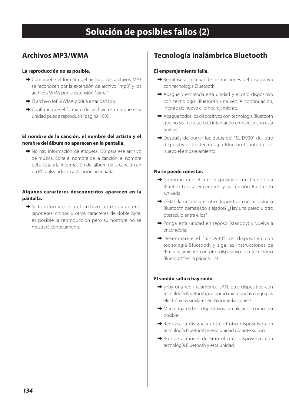 Solución de posibles fallos (2), Archivos mp3/wma, Tecnología inalámbrica bluetooth | Teac SL-D930 User Manual | Page 134 / 140