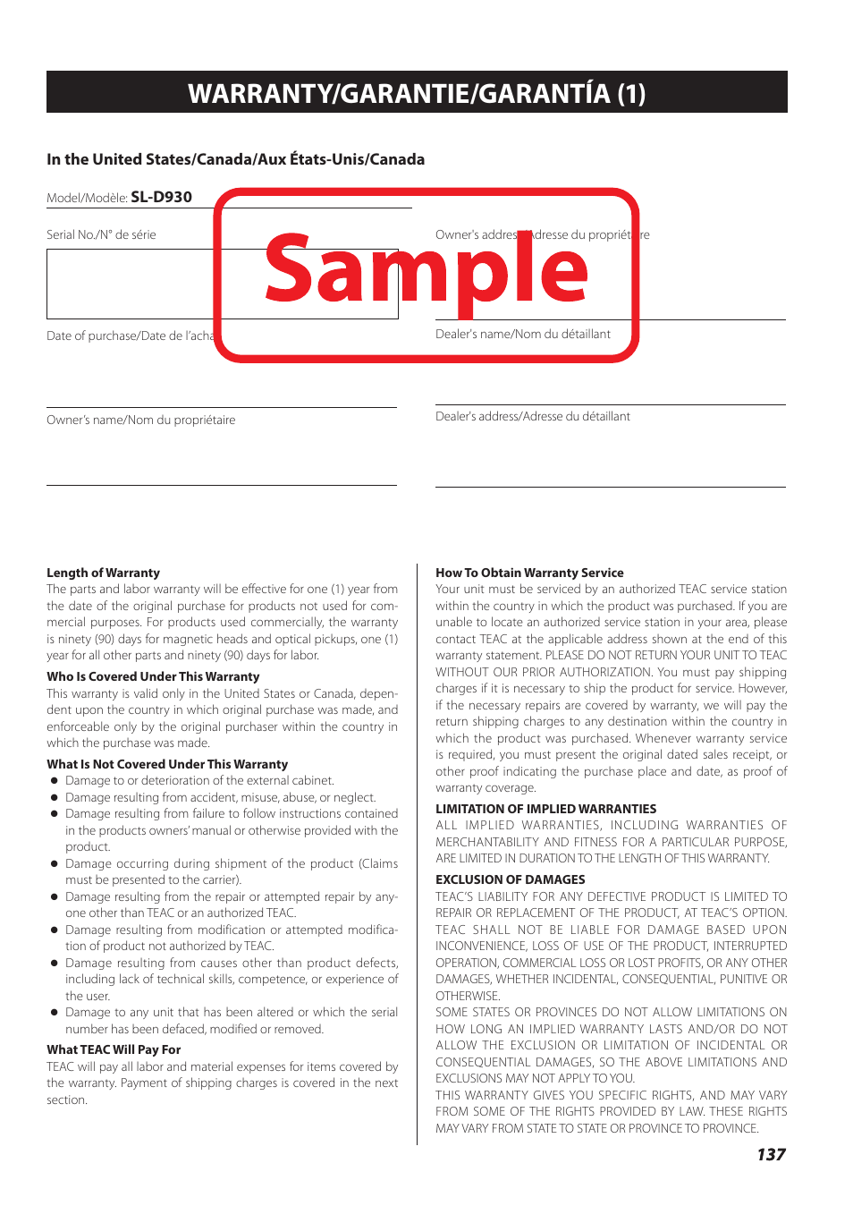 Warranty/garantie/garantía, Warranty/garantie/garantía (1) | Teac SL-D930 User Manual | Page 137 / 140