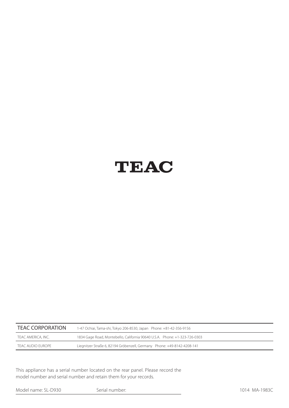 Teac SL-D930 User Manual | Page 140 / 140