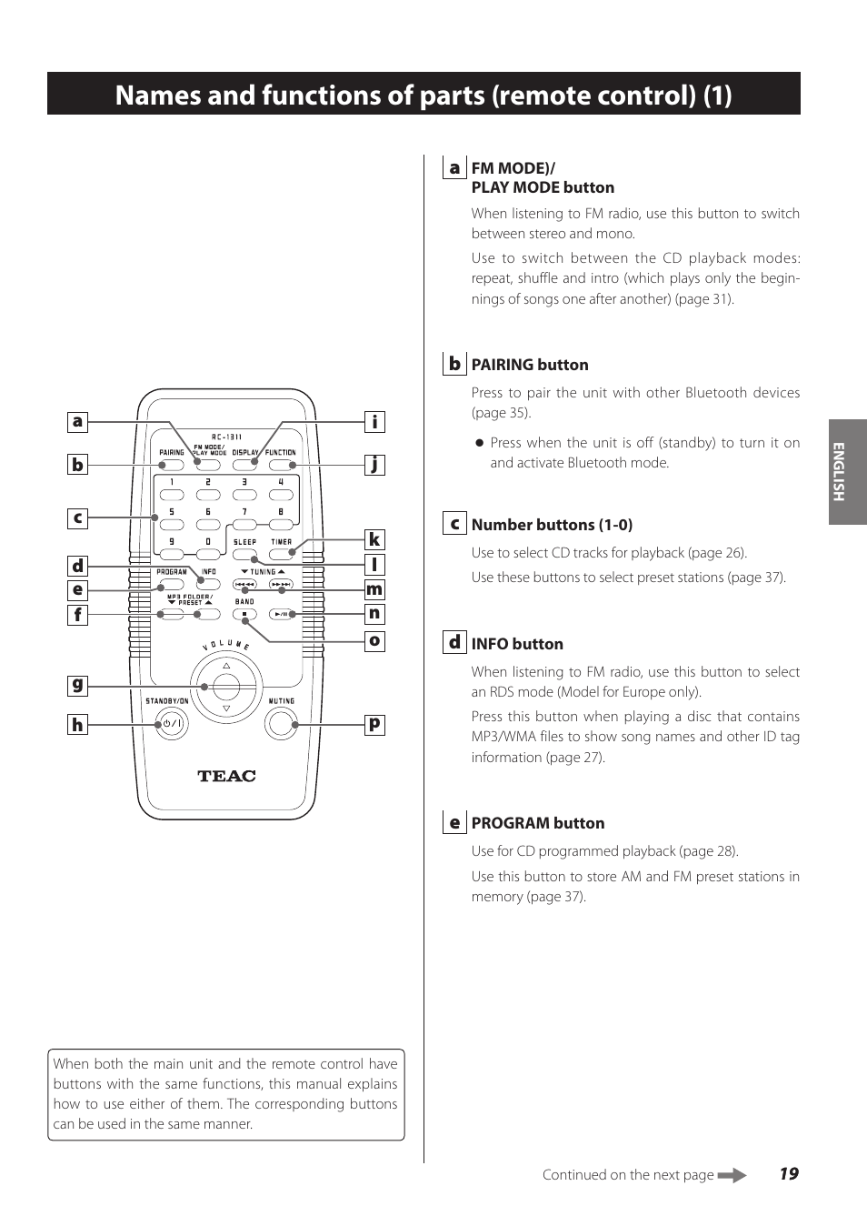 Names and functions of parts (remote control), Names and functions of parts (remote control) (1) | Teac SL-D930 User Manual | Page 19 / 140