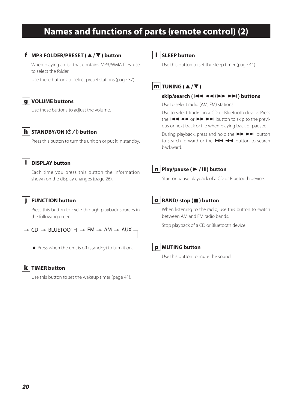 Names and functions of parts (remote control) (2) | Teac SL-D930 User Manual | Page 20 / 140