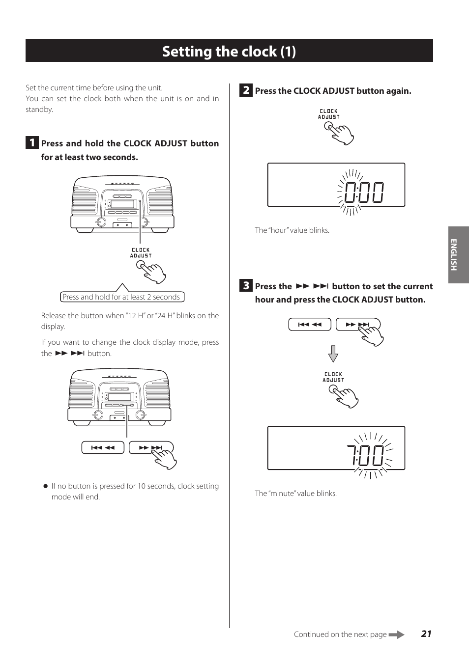 Setting the clock, Setting the clock (1) | Teac SL-D930 User Manual | Page 21 / 140