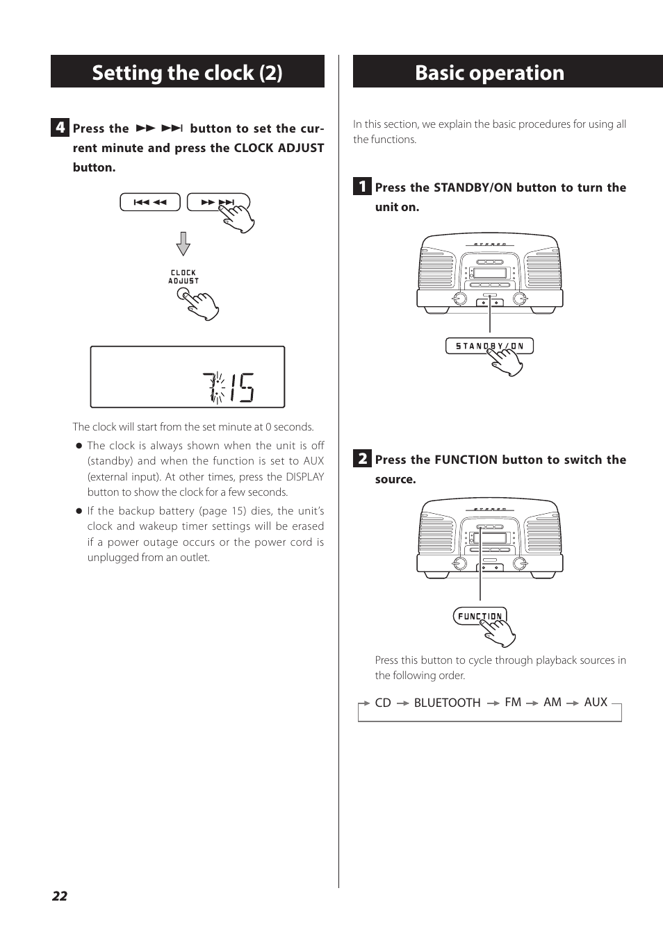 Basic operation, Setting the clock (2) | Teac SL-D930 User Manual | Page 22 / 140