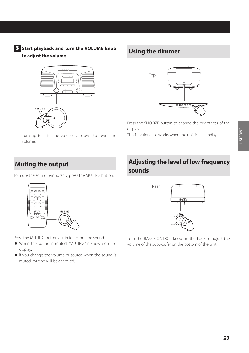 Muting the output, Using the dimmer, Adjusting the level of low frequency sounds | Teac SL-D930 User Manual | Page 23 / 140