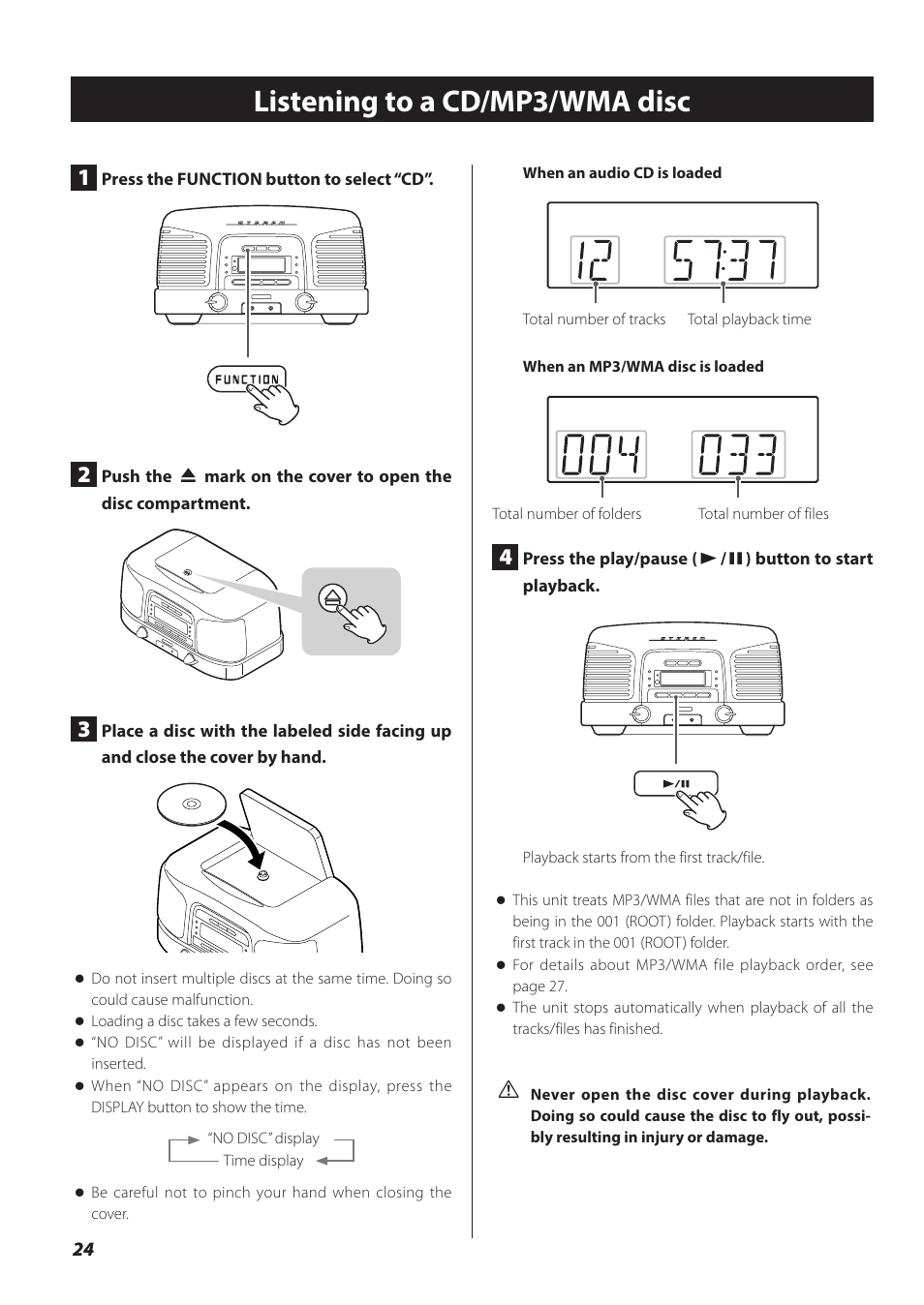 Listening to a cd/mp3/wma disc | Teac SL-D930 User Manual | Page 24 / 140