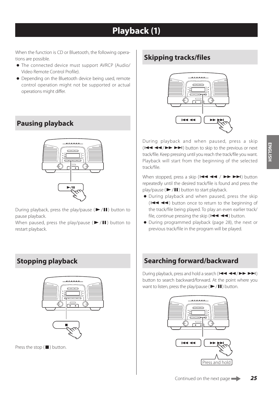 Playback, Playback (1), Skipping tracks/files | Searching forward/backward, Pausing playback, Stopping playback | Teac SL-D930 User Manual | Page 25 / 140