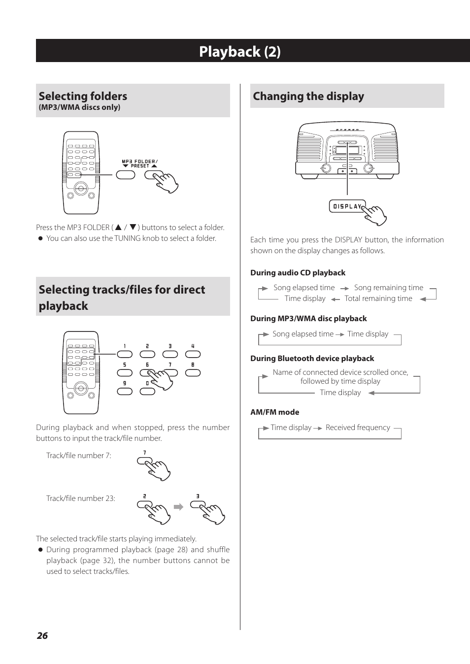 Playback (2), Selecting folders, Selecting tracks/files for direct playback | Changing the display | Teac SL-D930 User Manual | Page 26 / 140