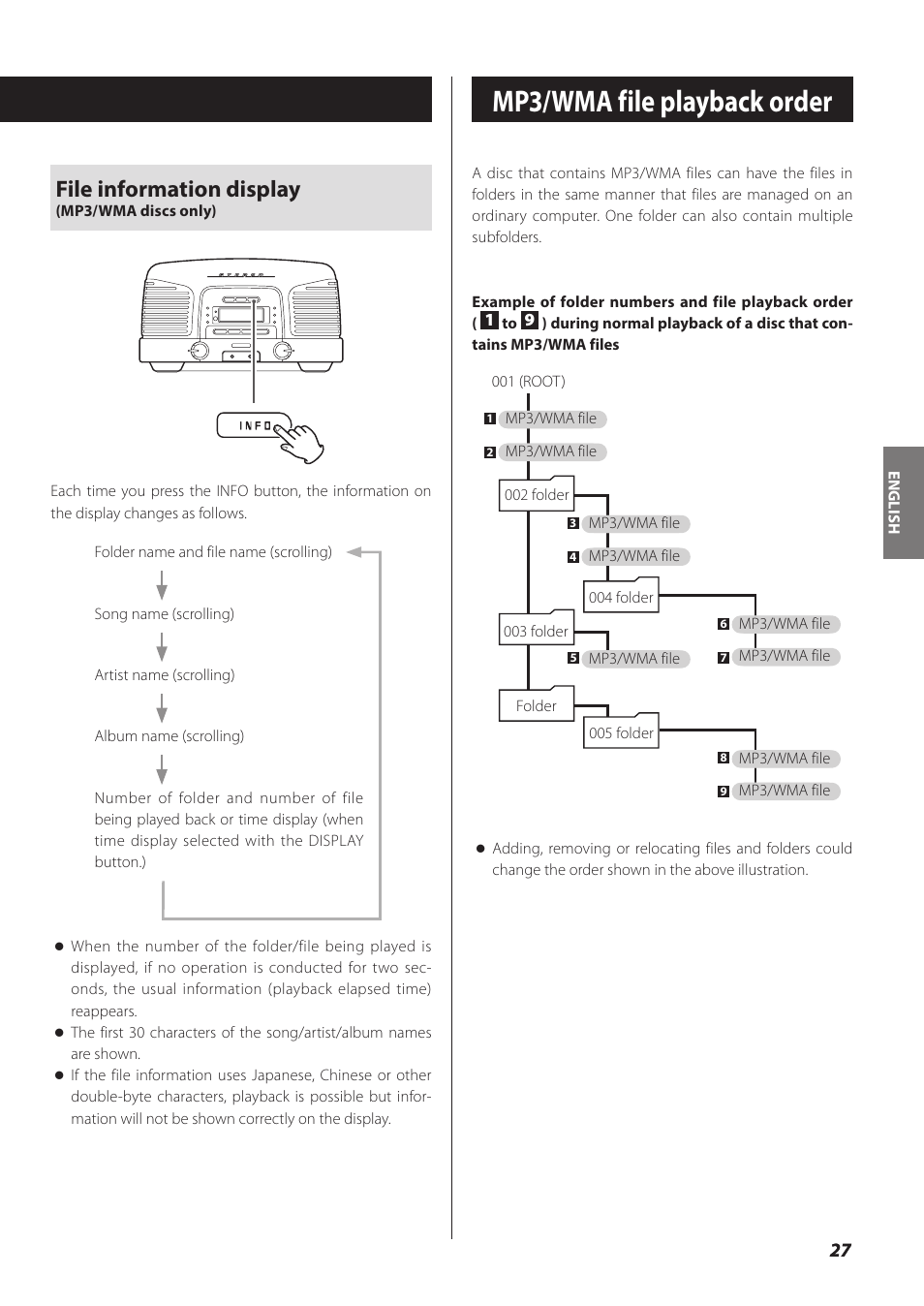 Mp3/wma file playback order, File information display | Teac SL-D930 User Manual | Page 27 / 140