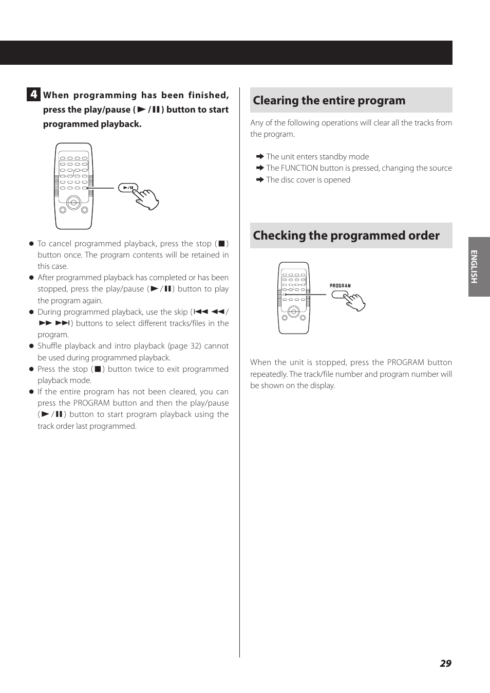 Clearing the entire program, Checking the programmed order | Teac SL-D930 User Manual | Page 29 / 140