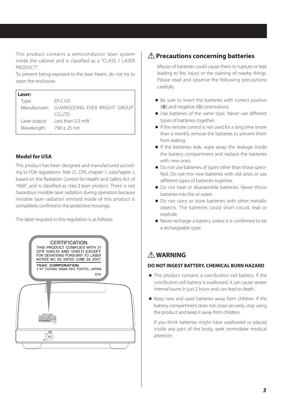 Q precautions concerning batteries, Q warning | Teac SL-D930 User Manual | Page 3 / 140