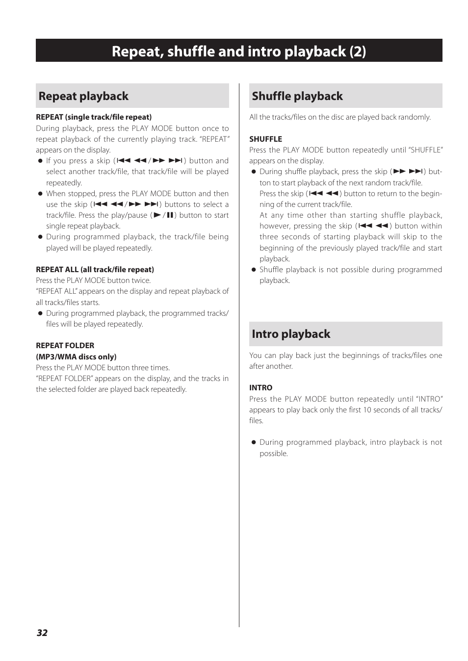 Repeat, shuffle and intro playback (2), Shuffle playback, Intro playback | Repeat playback | Teac SL-D930 User Manual | Page 32 / 140