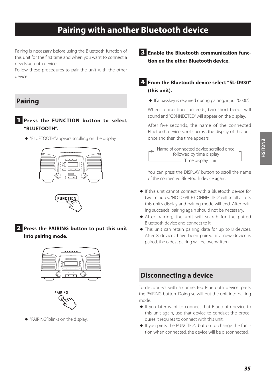 Pairing with another bluetooth device, Disconnecting a device, Pairing 1 | Teac SL-D930 User Manual | Page 35 / 140