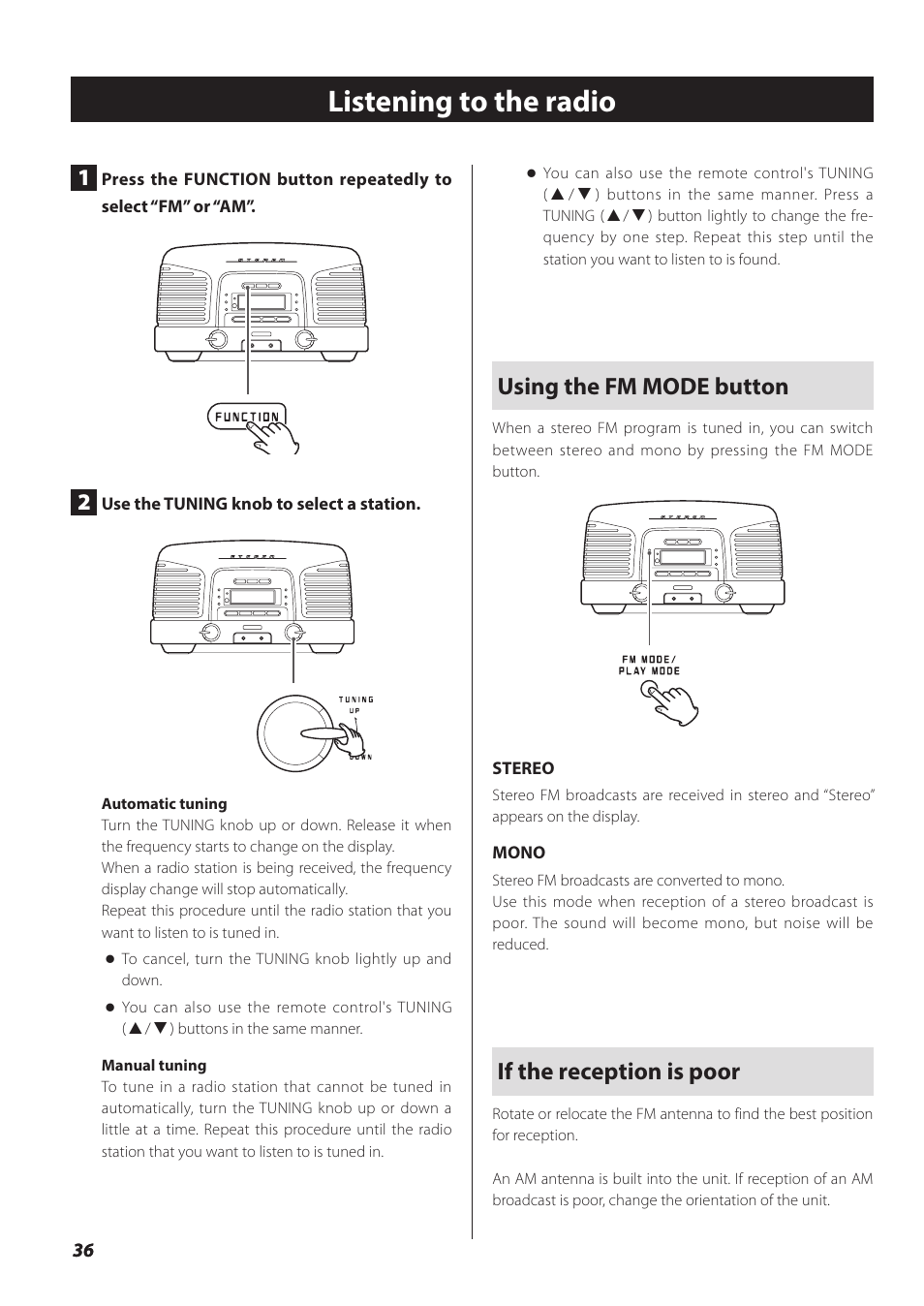 Listening to the radio, Using the fm mode button, If the reception is poor | Teac SL-D930 User Manual | Page 36 / 140