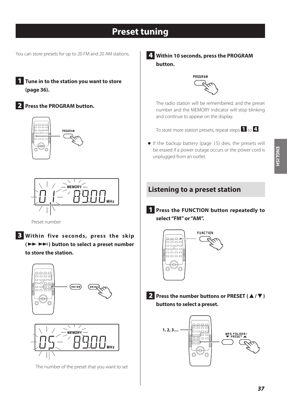 Preset tuning, Listening to a preset station 1 | Teac SL-D930 User Manual | Page 37 / 140