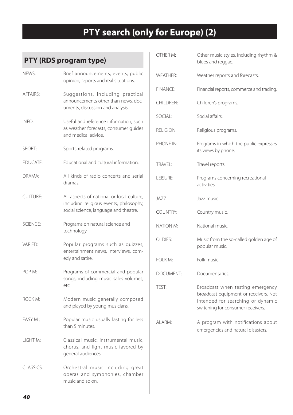 Pty search (only for europe) (2), Pty (rds program type) | Teac SL-D930 User Manual | Page 40 / 140