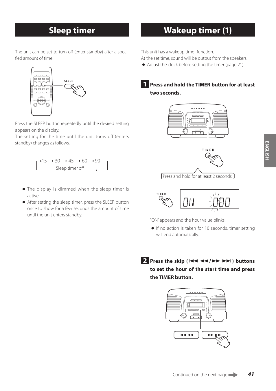 Sleep timer, Wakeup timer, Wakeup timer (1) | Teac SL-D930 User Manual | Page 41 / 140