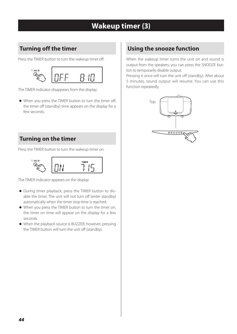 Wakeup timer (3), Turning off the timer, Turning on the timer | Using the snooze function | Teac SL-D930 User Manual | Page 44 / 140