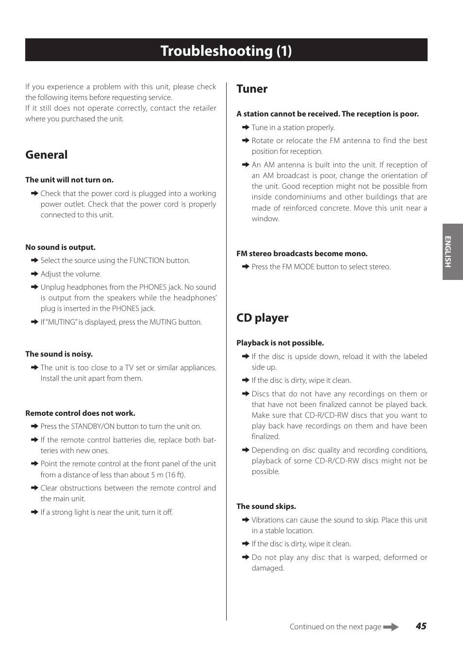 Troubleshooting, Troubleshooting (1), General | Tuner, Cd player | Teac SL-D930 User Manual | Page 45 / 140