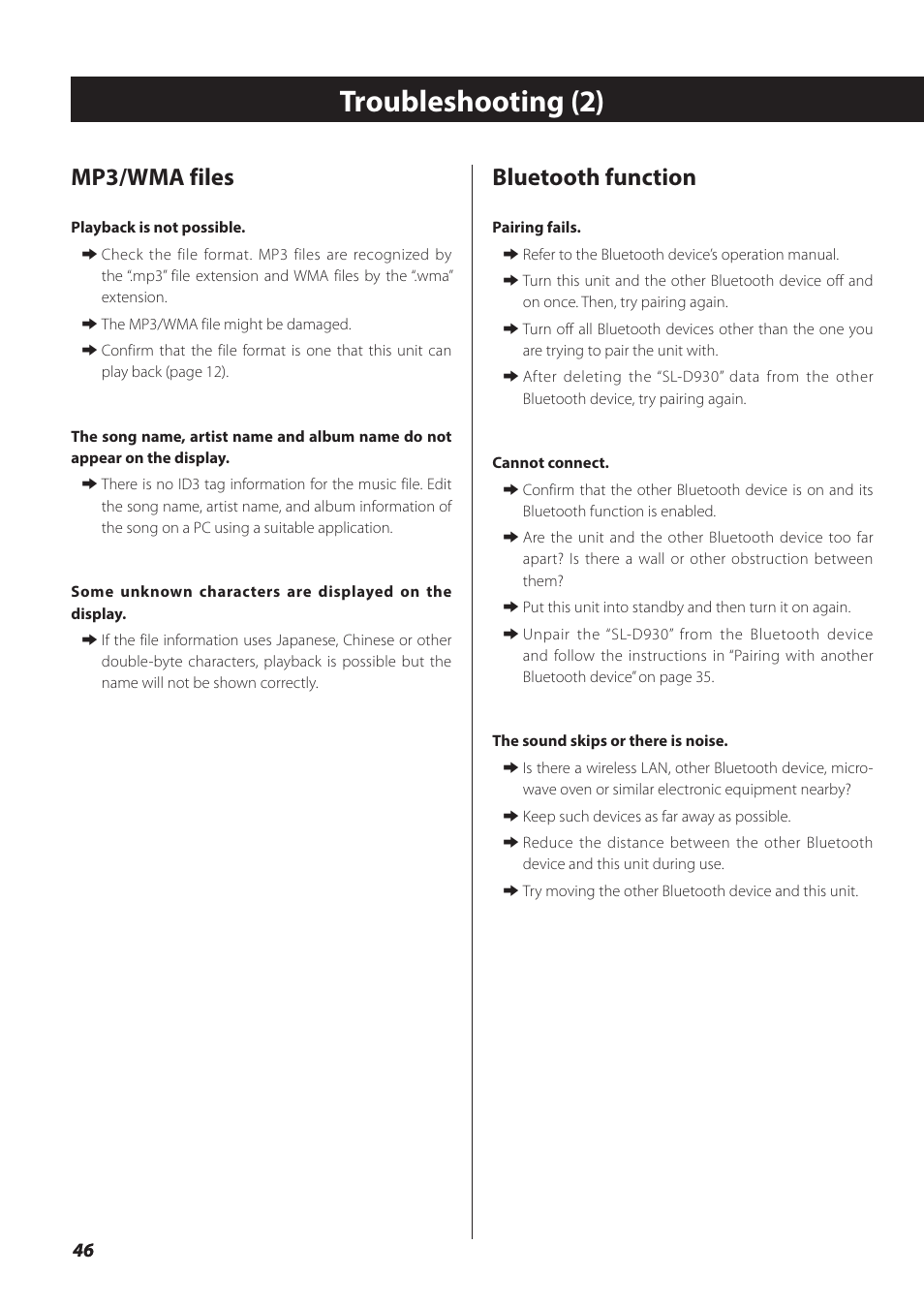 Troubleshooting (2), Mp3/wma files, Bluetooth function | Teac SL-D930 User Manual | Page 46 / 140