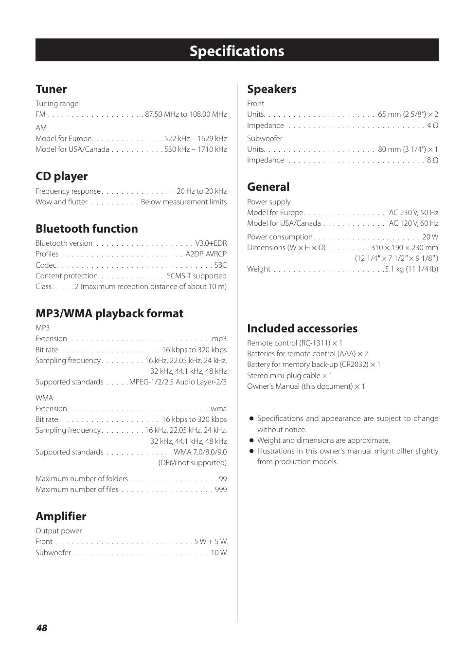 Specifications, Tuner, Cd player | Bluetooth function, Mp3/wma playback format, Amplifier, Speakers, General, Included accessories | Teac SL-D930 User Manual | Page 48 / 140