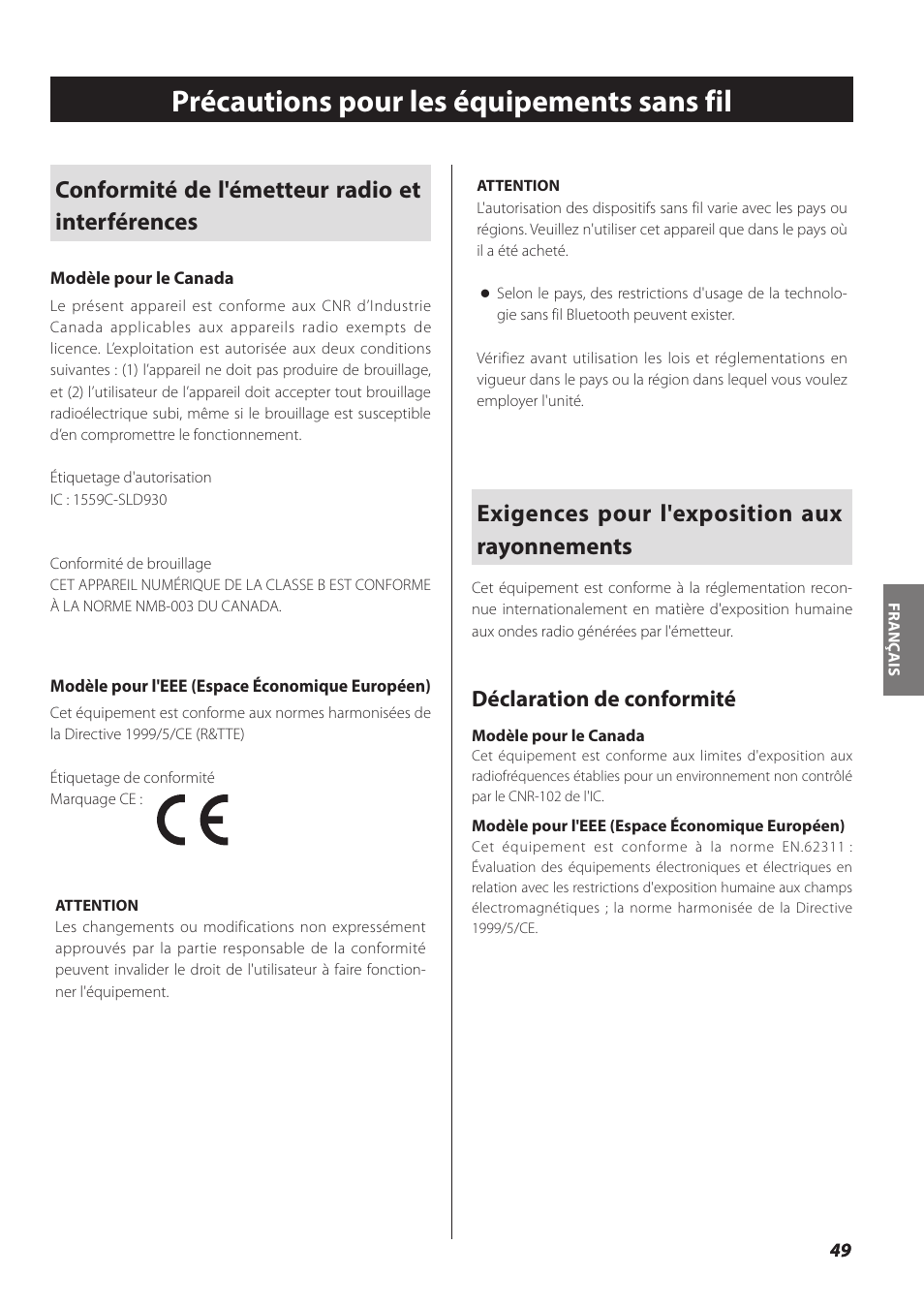 Français, Précautions pour les équipements sans fil, Conformité de l'émetteur radio et interférences | Exigences pour l'exposition aux rayonnements, Déclaration de conformité | Teac SL-D930 User Manual | Page 49 / 140