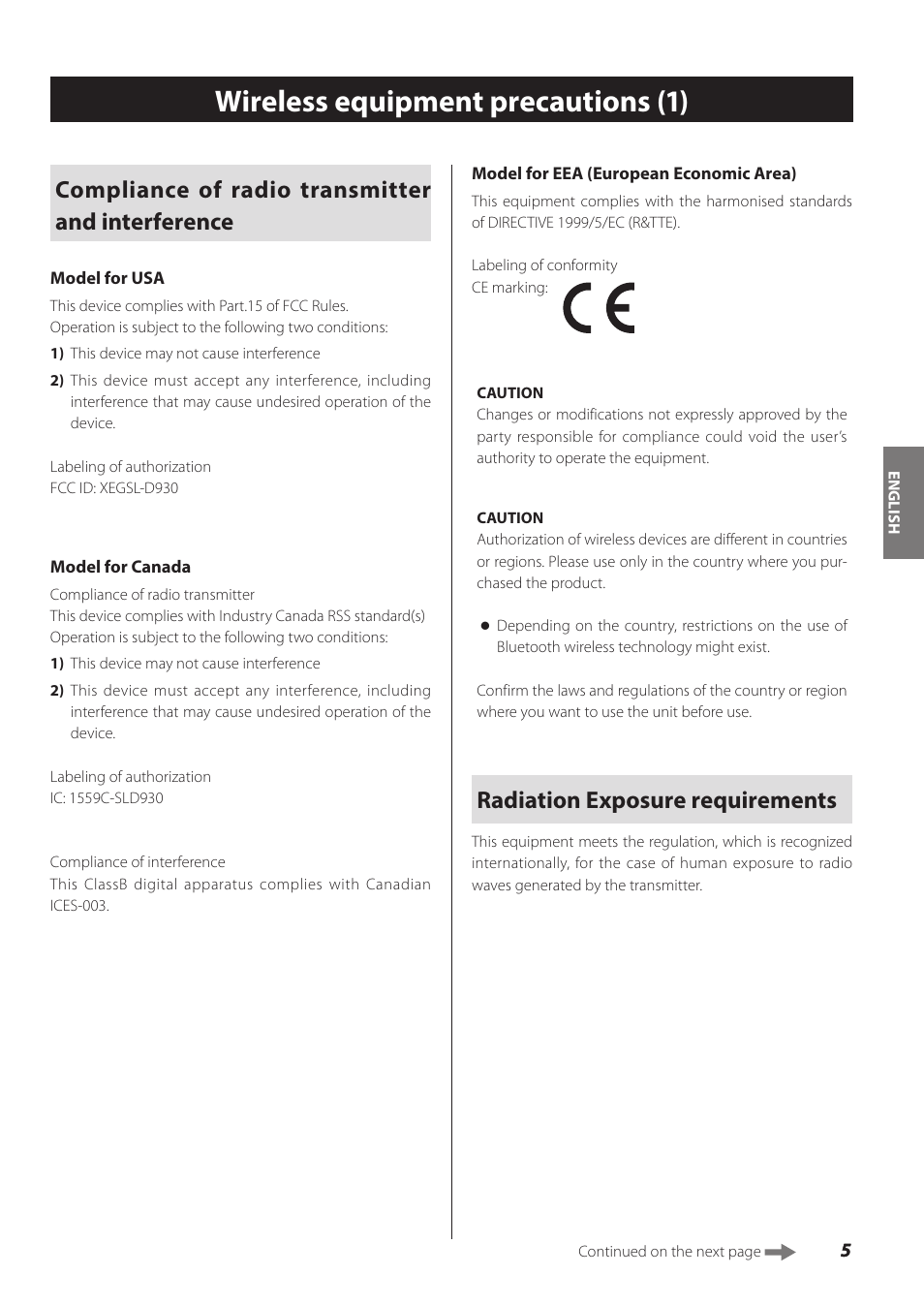 English, Wireless equipment precautions, Wireless equipment precautions (1) | Compliance of radio transmitter and interference, Radiation exposure requirements | Teac SL-D930 User Manual | Page 5 / 140