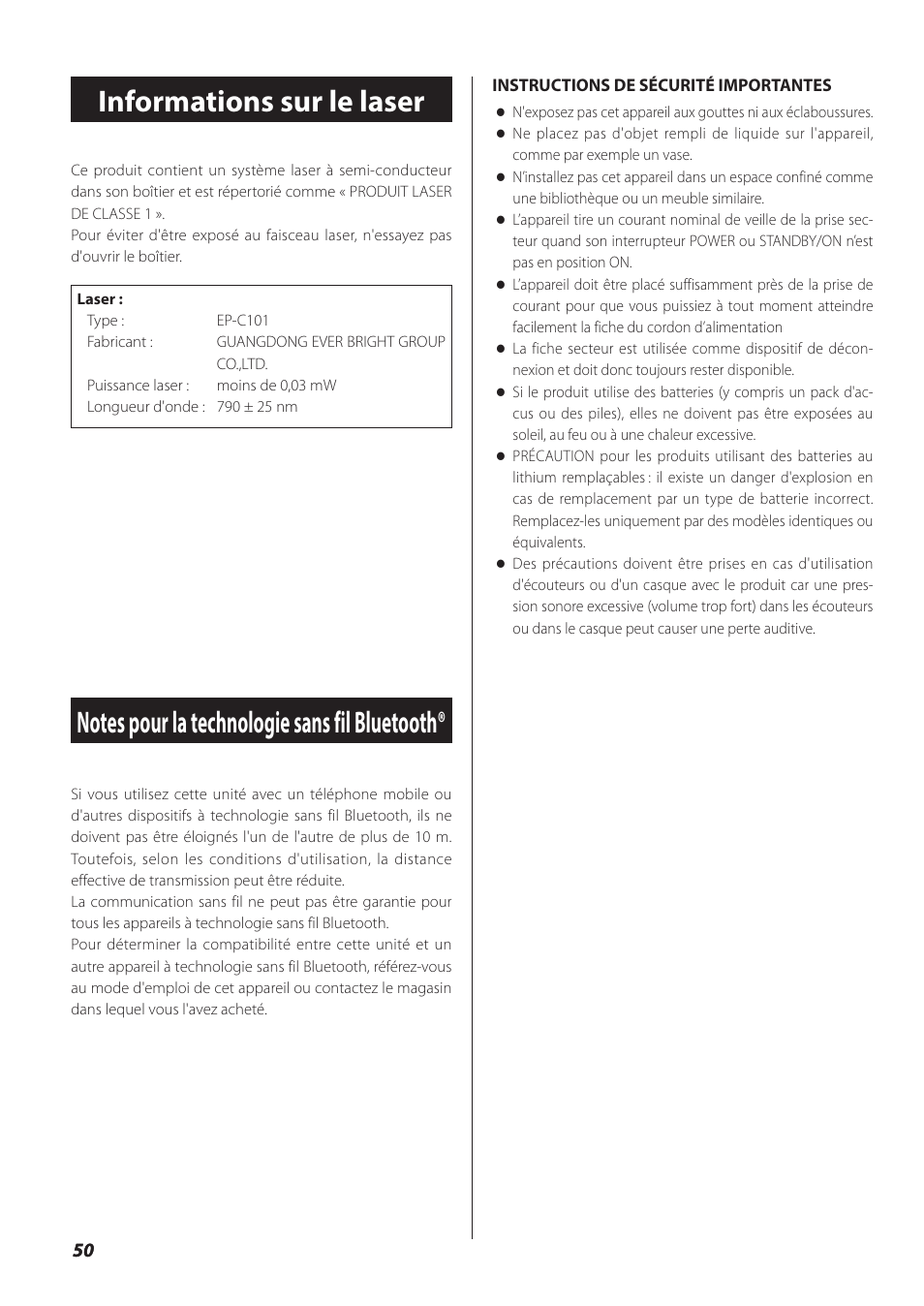 Informations sur le laser, Notes pour la technologie sans fil bluetooth | Teac SL-D930 User Manual | Page 50 / 140