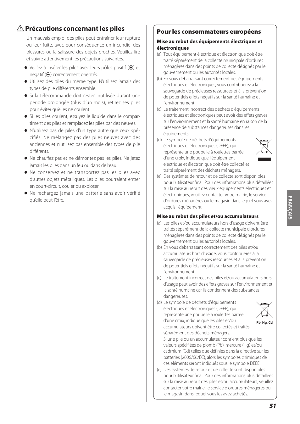 Q précautions concernant les piles, Pour les consommateurs européens | Teac SL-D930 User Manual | Page 51 / 140