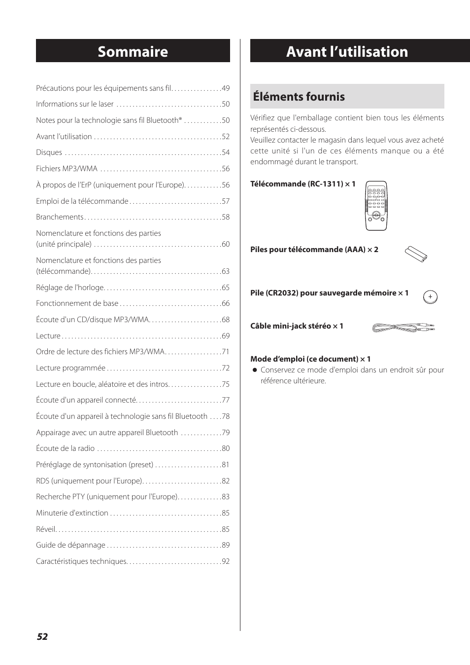 Avant l’utilisation, Sommaire avant l’utilisation, Éléments fournis | Teac SL-D930 User Manual | Page 52 / 140