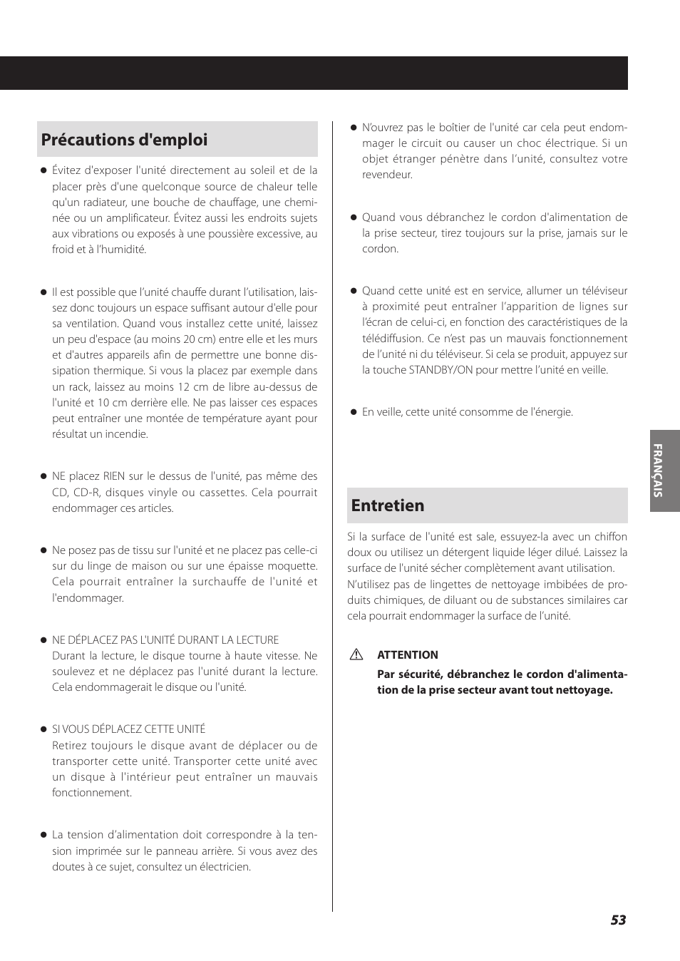 Précautions d'emploi, Entretien | Teac SL-D930 User Manual | Page 53 / 140