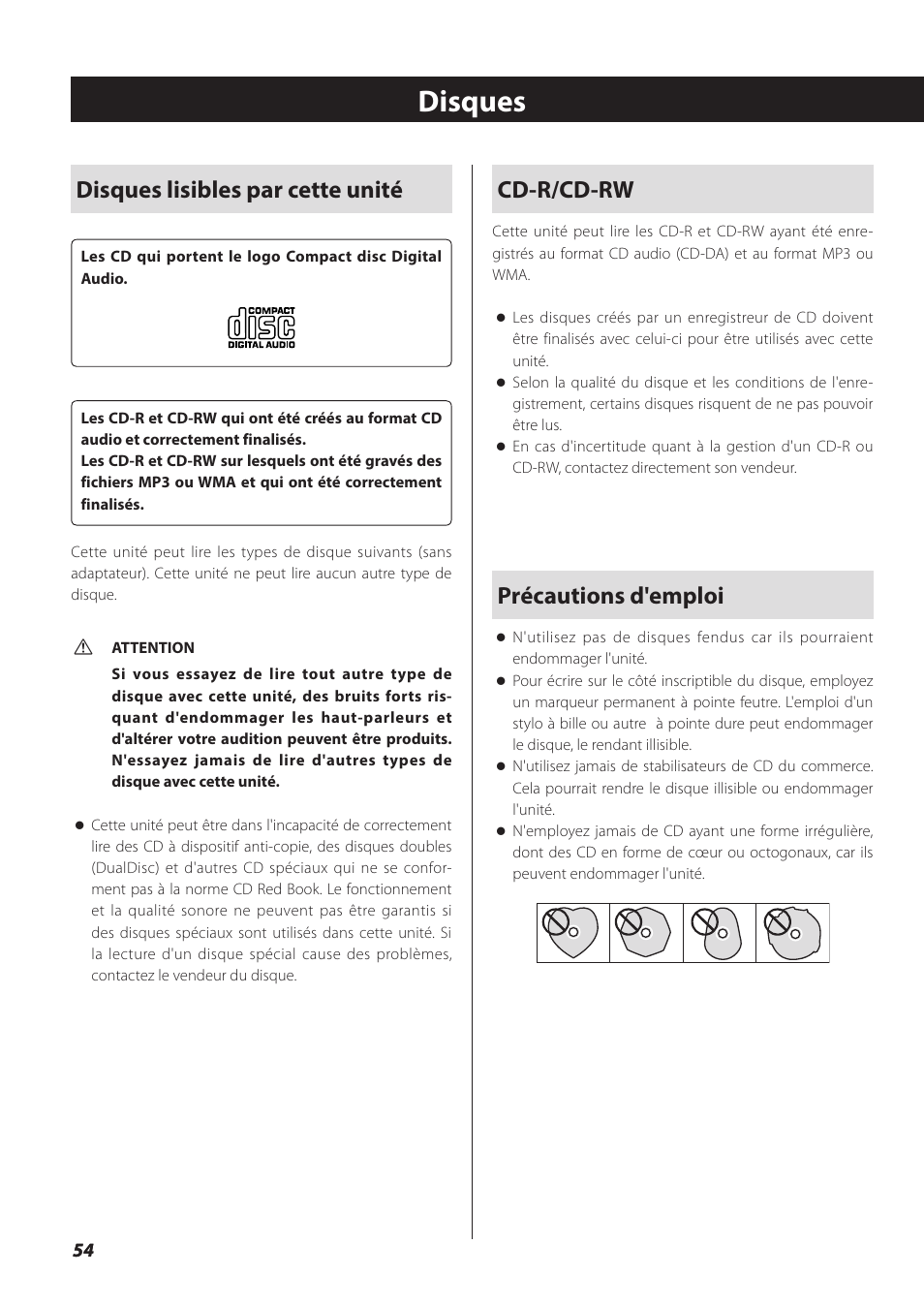 Disques, Disques lisibles par cette unité, Cd-r/cd-rw | Précautions d'emploi | Teac SL-D930 User Manual | Page 54 / 140