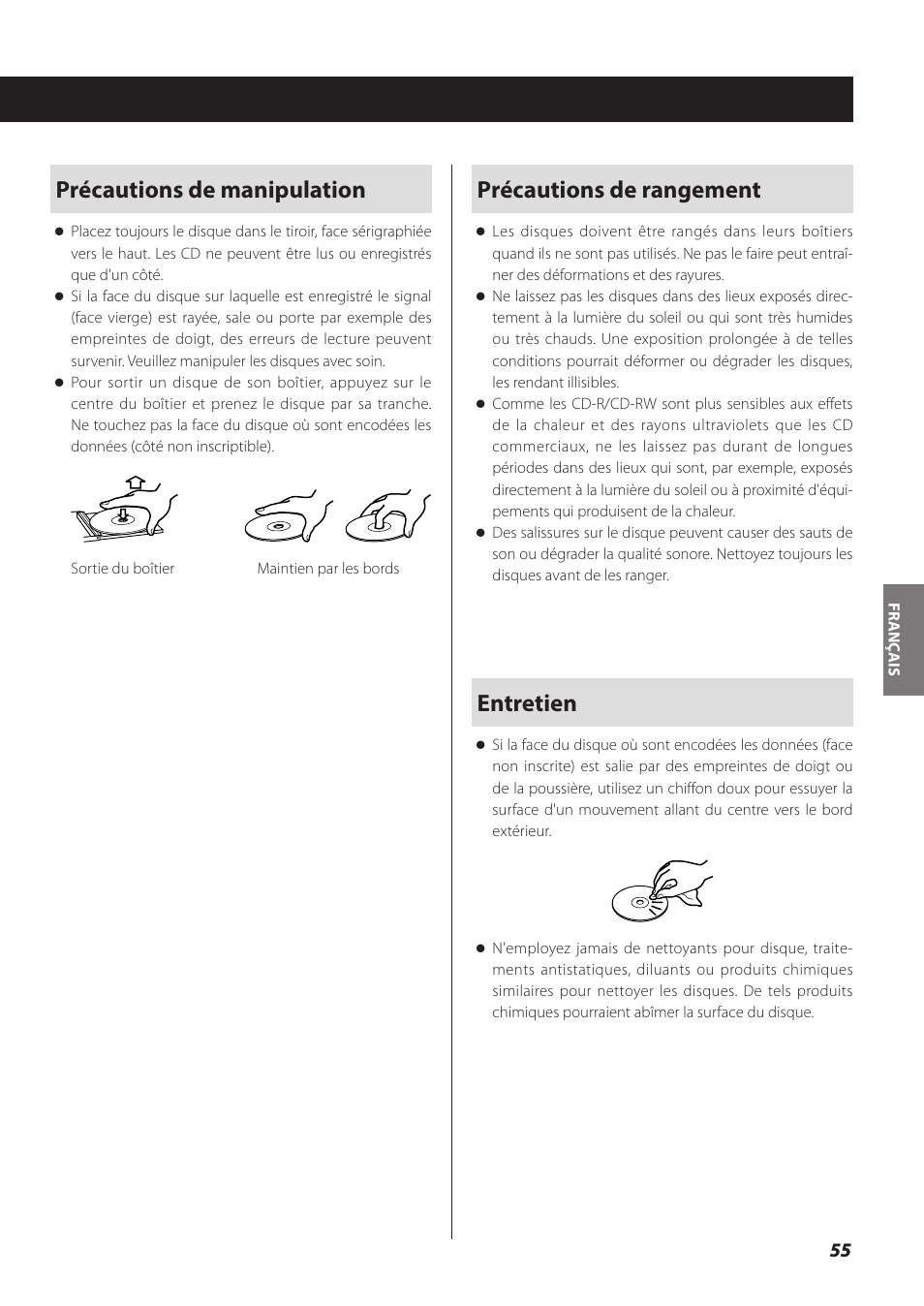 Précautions de rangement, Entretien, Précautions de manipulation | Teac SL-D930 User Manual | Page 55 / 140