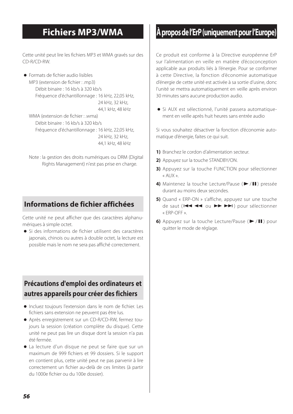 Fichiers mp3/wma, À propos de l’erp (uniquement pour l’europe), Informations de fichier affichées | Teac SL-D930 User Manual | Page 56 / 140