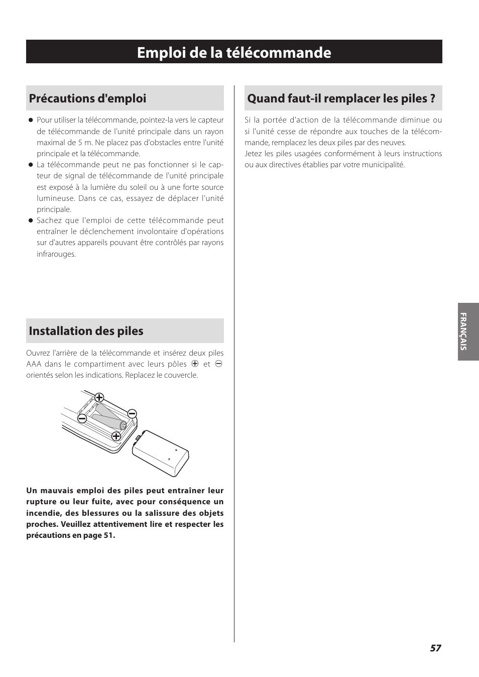 Emploi de la télécommande, Précautions d'emploi, Installation des piles | Quand faut-il remplacer les piles | Teac SL-D930 User Manual | Page 57 / 140