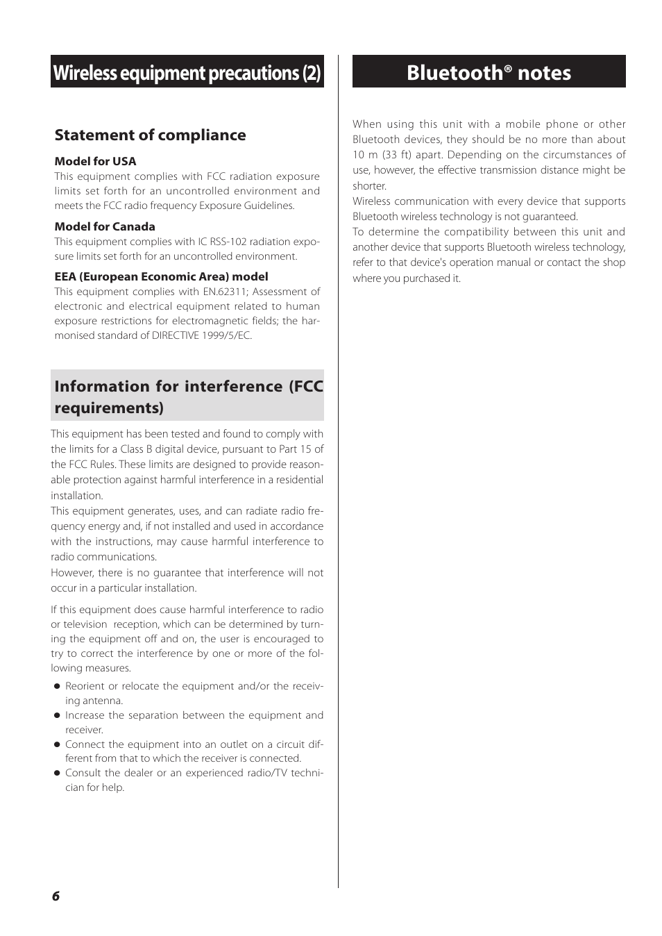 Bluetooth® notes, Statement of compliance, Information for interference (fcc requirements) | Teac SL-D930 User Manual | Page 6 / 140