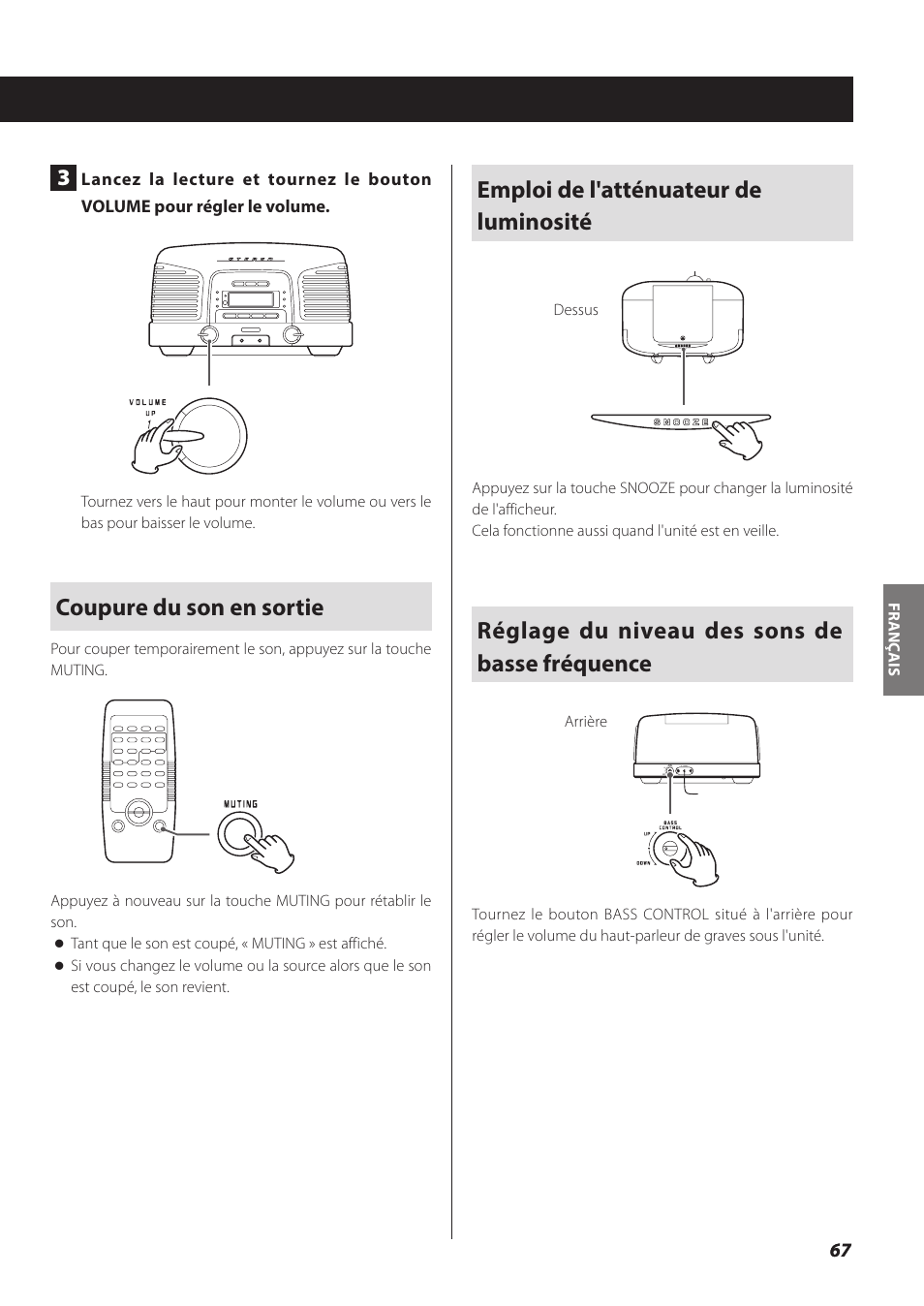 Coupure du son en sortie, Emploi de l'atténuateur de luminosité, Réglage du niveau des sons de basse fréquence | Teac SL-D930 User Manual | Page 67 / 140