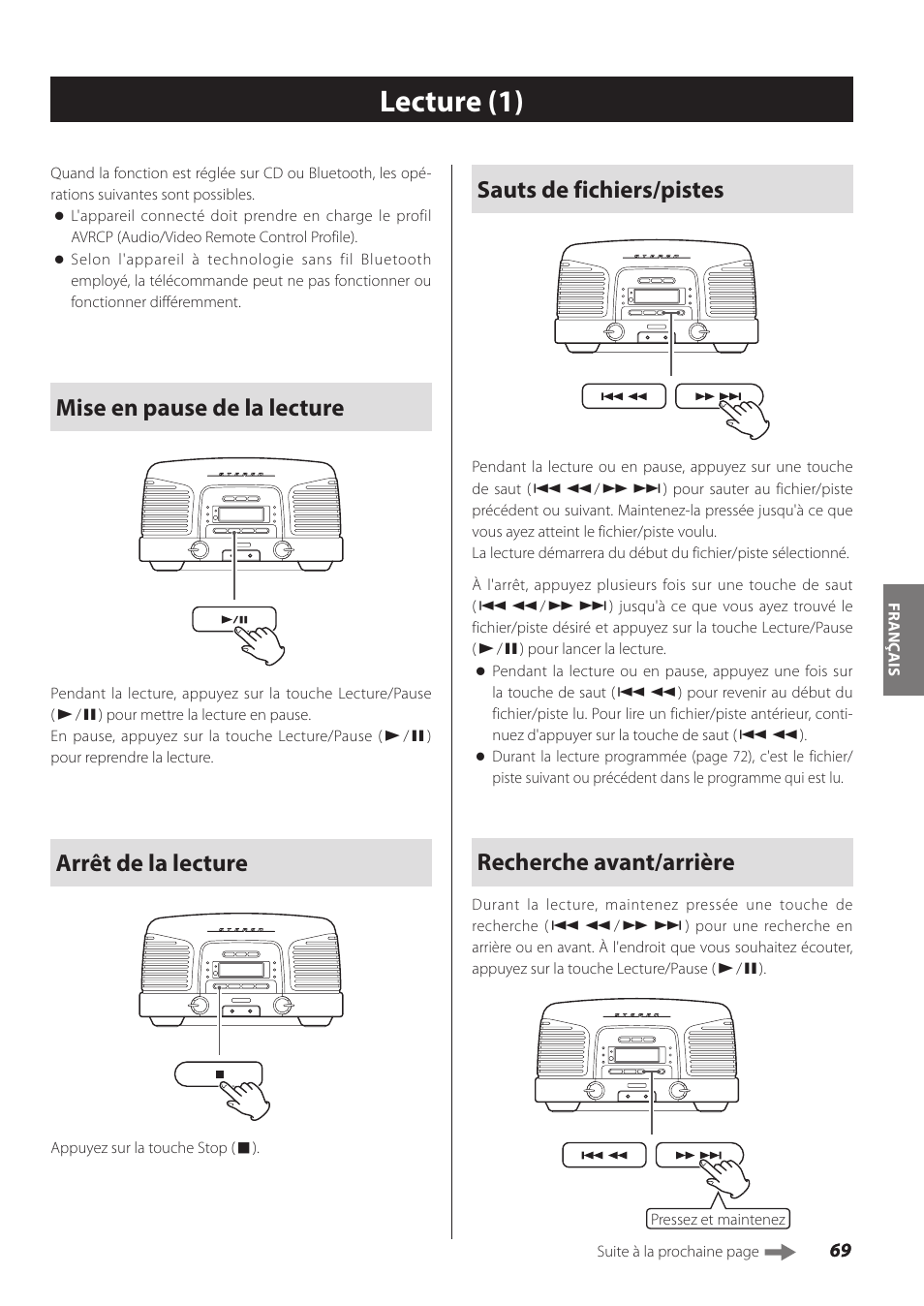 Lecture, Lecture (1), Sauts de fichiers/pistes | Recherche avant/arrière, Mise en pause de la lecture, Arrêt de la lecture | Teac SL-D930 User Manual | Page 69 / 140