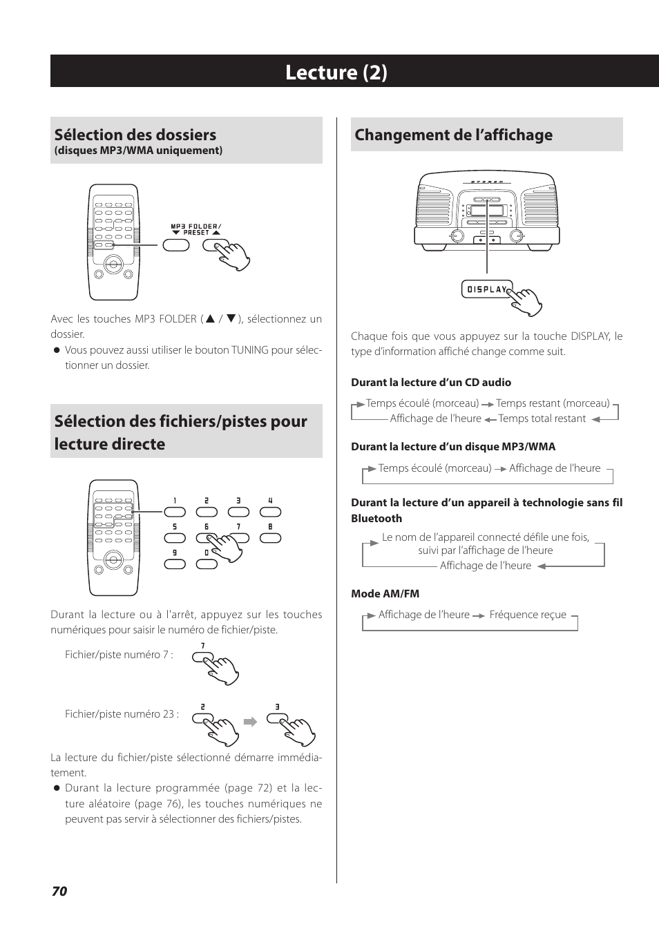 Lecture (2), Sélection des dossiers, Sélection des fichiers/pistes pour lecture directe | Changement de l’affichage | Teac SL-D930 User Manual | Page 70 / 140