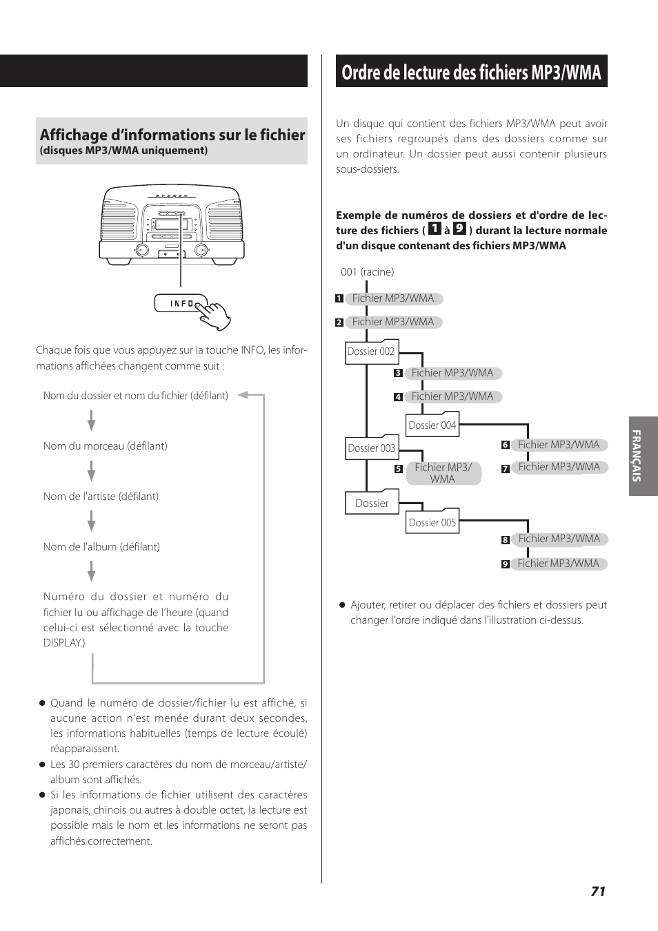 Ordre de lecture des fichiers mp3/wma, Affichage d’informations sur le fichier | Teac SL-D930 User Manual | Page 71 / 140