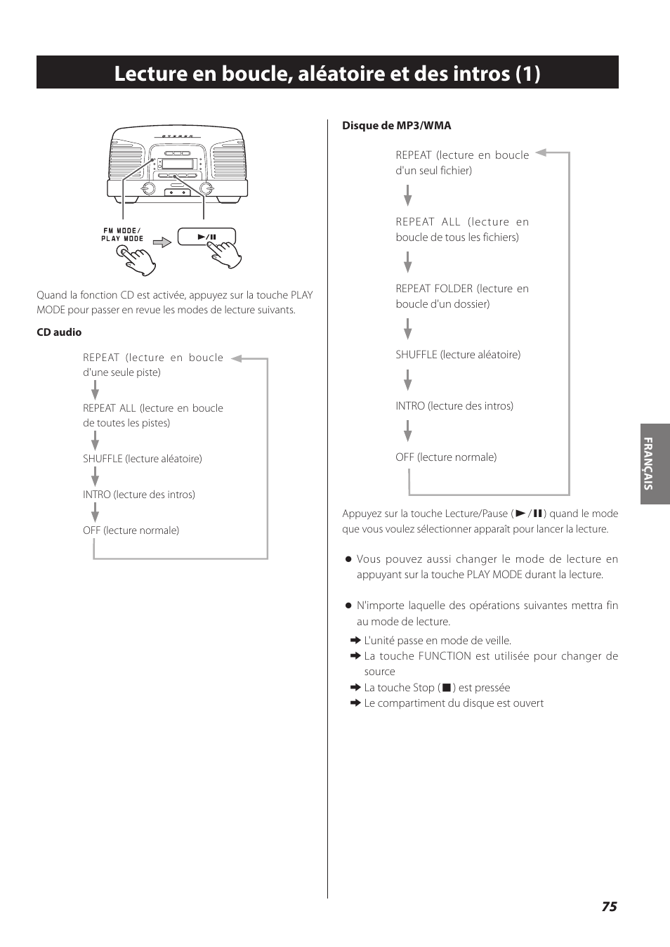 Lecture en boucle, aléatoire et des intros, Lecture en boucle, aléatoire et des intros (1) | Teac SL-D930 User Manual | Page 75 / 140