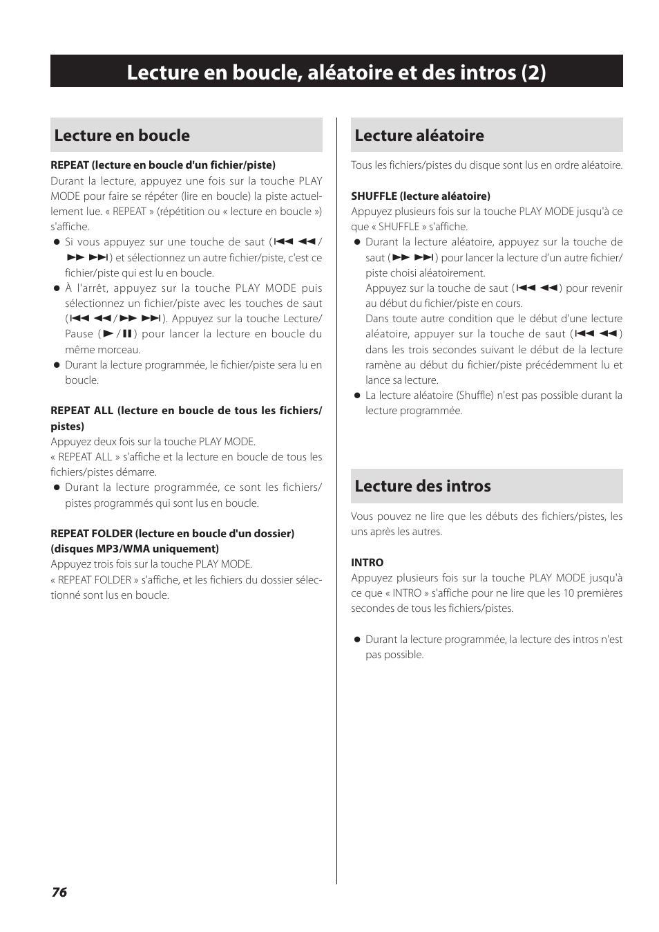 Lecture en boucle, aléatoire et des intros (2), Lecture aléatoire, Lecture des intros | Lecture en boucle | Teac SL-D930 User Manual | Page 76 / 140