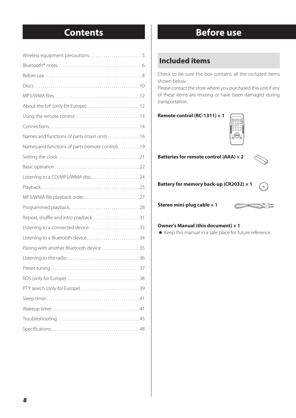 Before use, Contents before use, Included items | Teac SL-D930 User Manual | Page 8 / 140