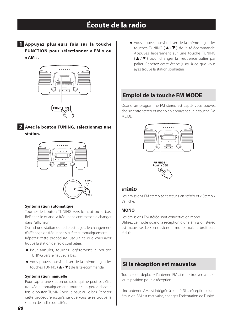 Écoute de la radio, Emploi de la touche fm mode, Si la réception est mauvaise | Teac SL-D930 User Manual | Page 80 / 140