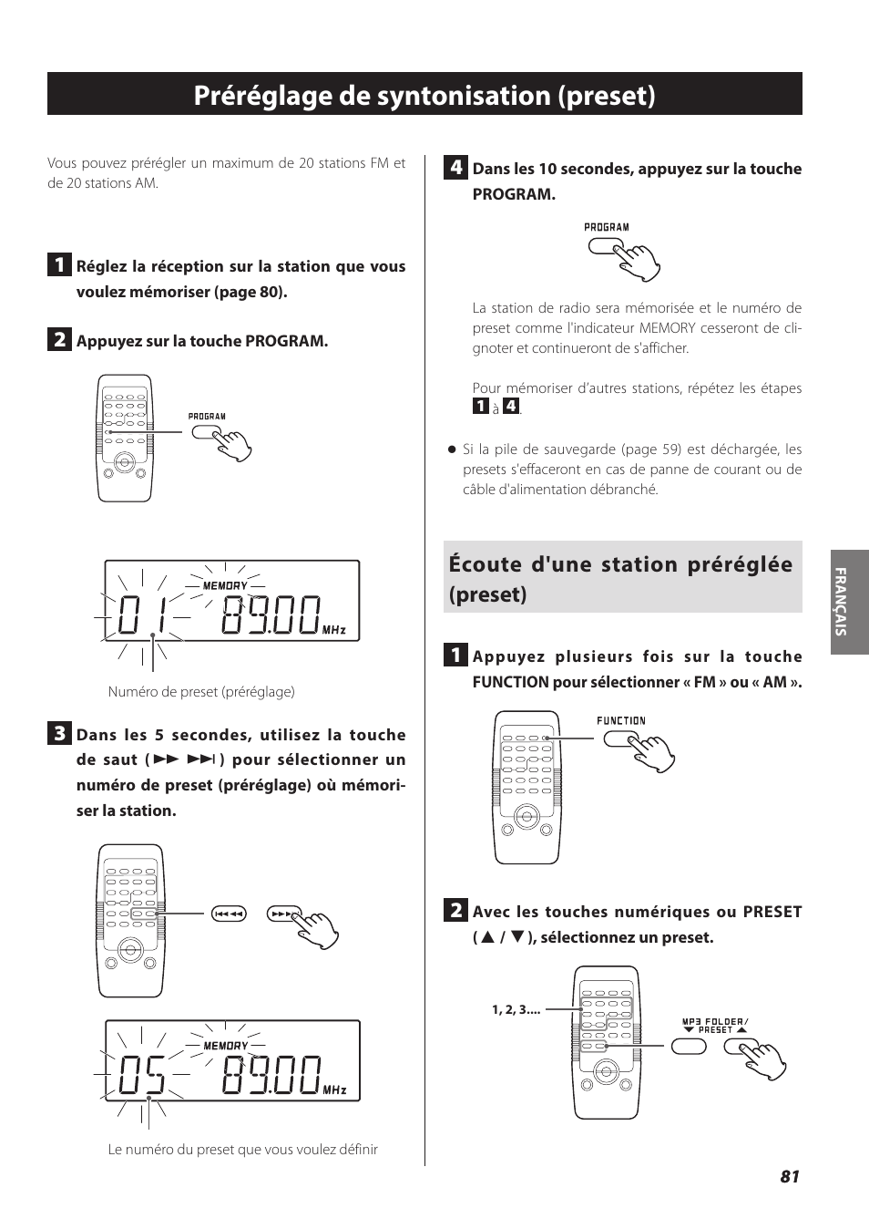 Préréglage de syntonisation (preset), Écoute d'une station préréglée (preset) 1 | Teac SL-D930 User Manual | Page 81 / 140