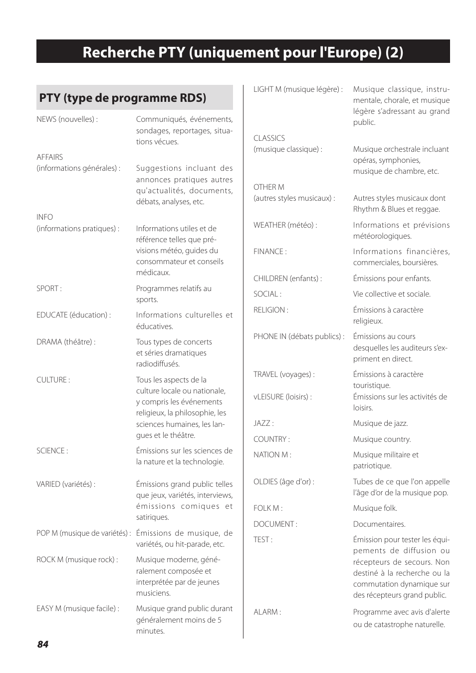 Recherche pty (uniquement pour l'europe) (2), Pty (type de programme rds) | Teac SL-D930 User Manual | Page 84 / 140