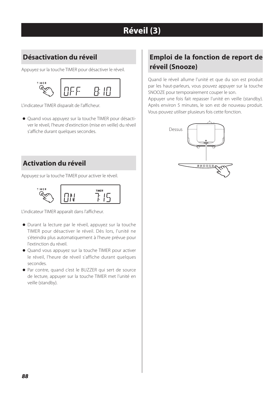 Réveil (3), Désactivation du réveil, Activation du réveil | Emploi de la fonction de report de réveil (snooze) | Teac SL-D930 User Manual | Page 88 / 140