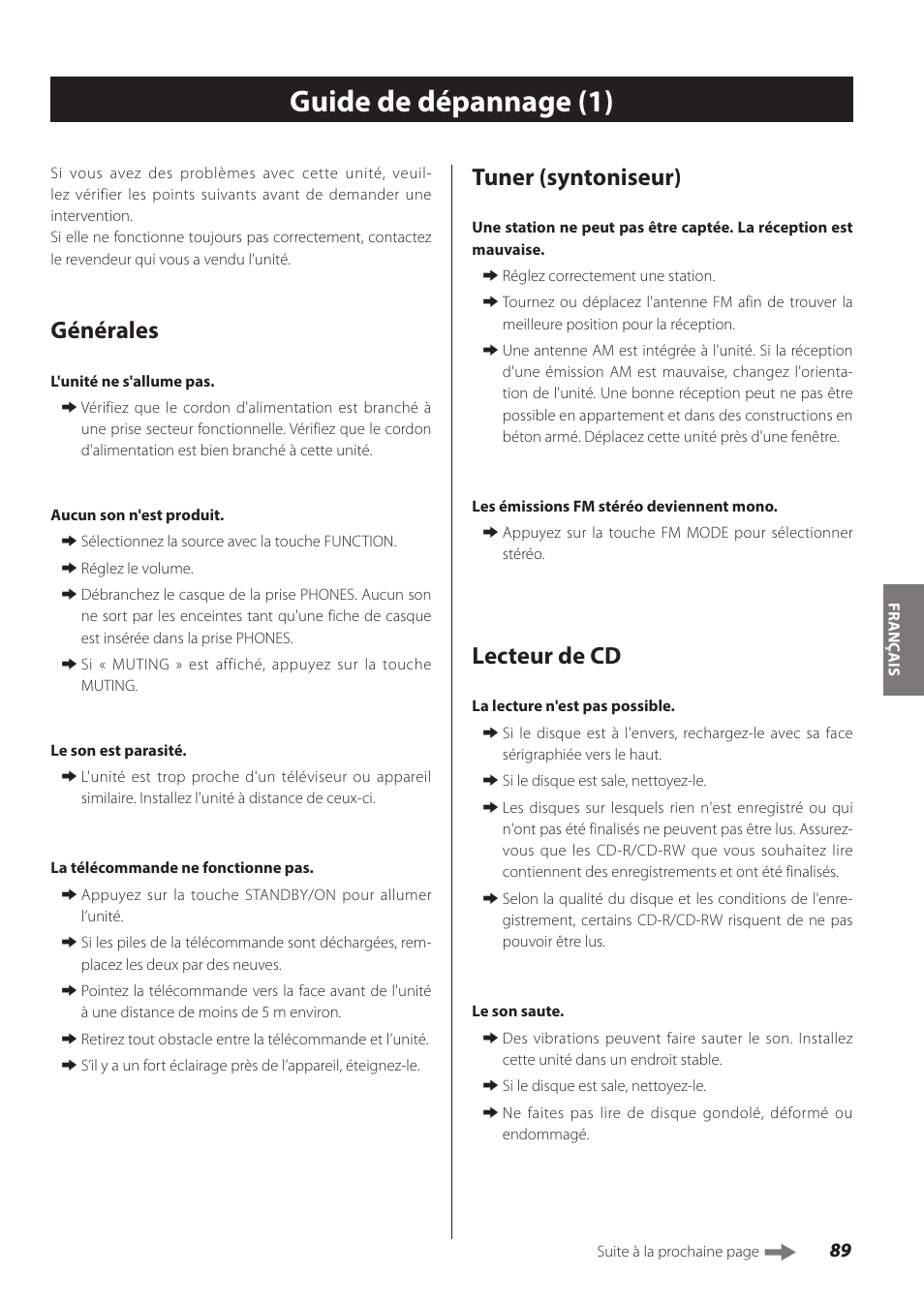 Guide de dépannage, Guide de dépannage (1), Générales | Tuner (syntoniseur), Lecteur de cd | Teac SL-D930 User Manual | Page 89 / 140