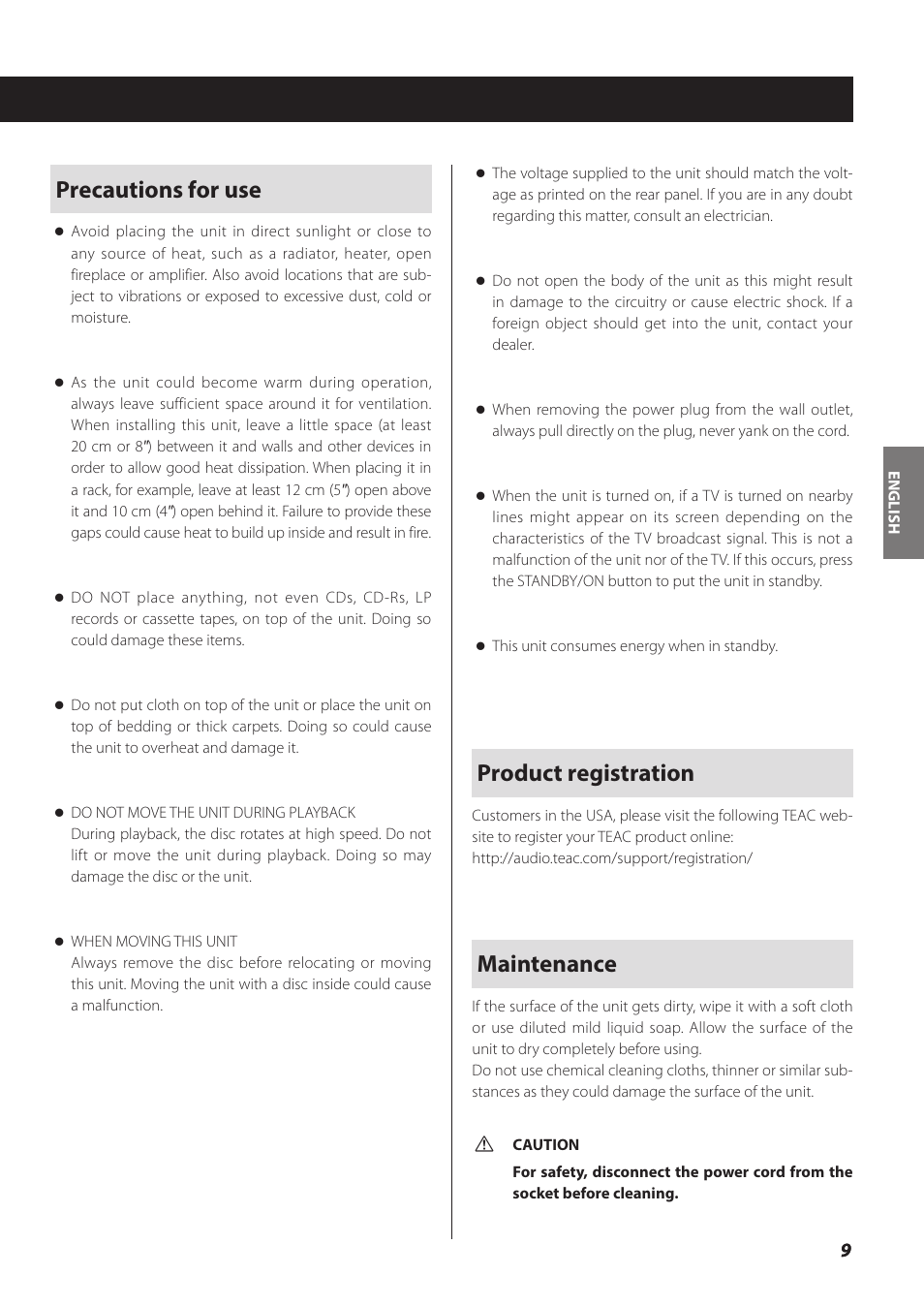 Precautions for use, Product registration, Maintenance | Teac SL-D930 User Manual | Page 9 / 140