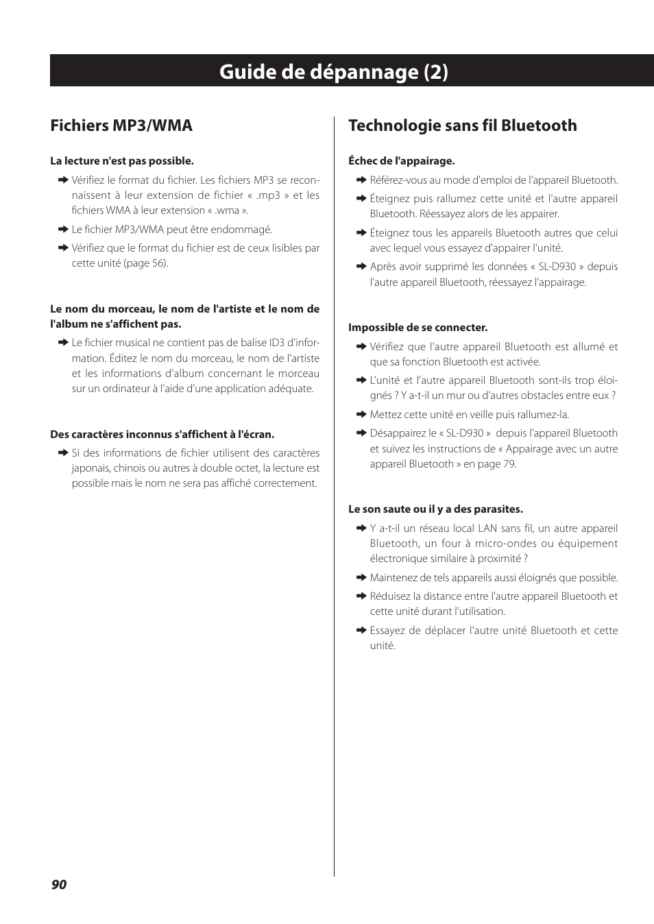 Guide de dépannage (2), Fichiers mp3/wma, Technologie sans fil bluetooth | Teac SL-D930 User Manual | Page 90 / 140